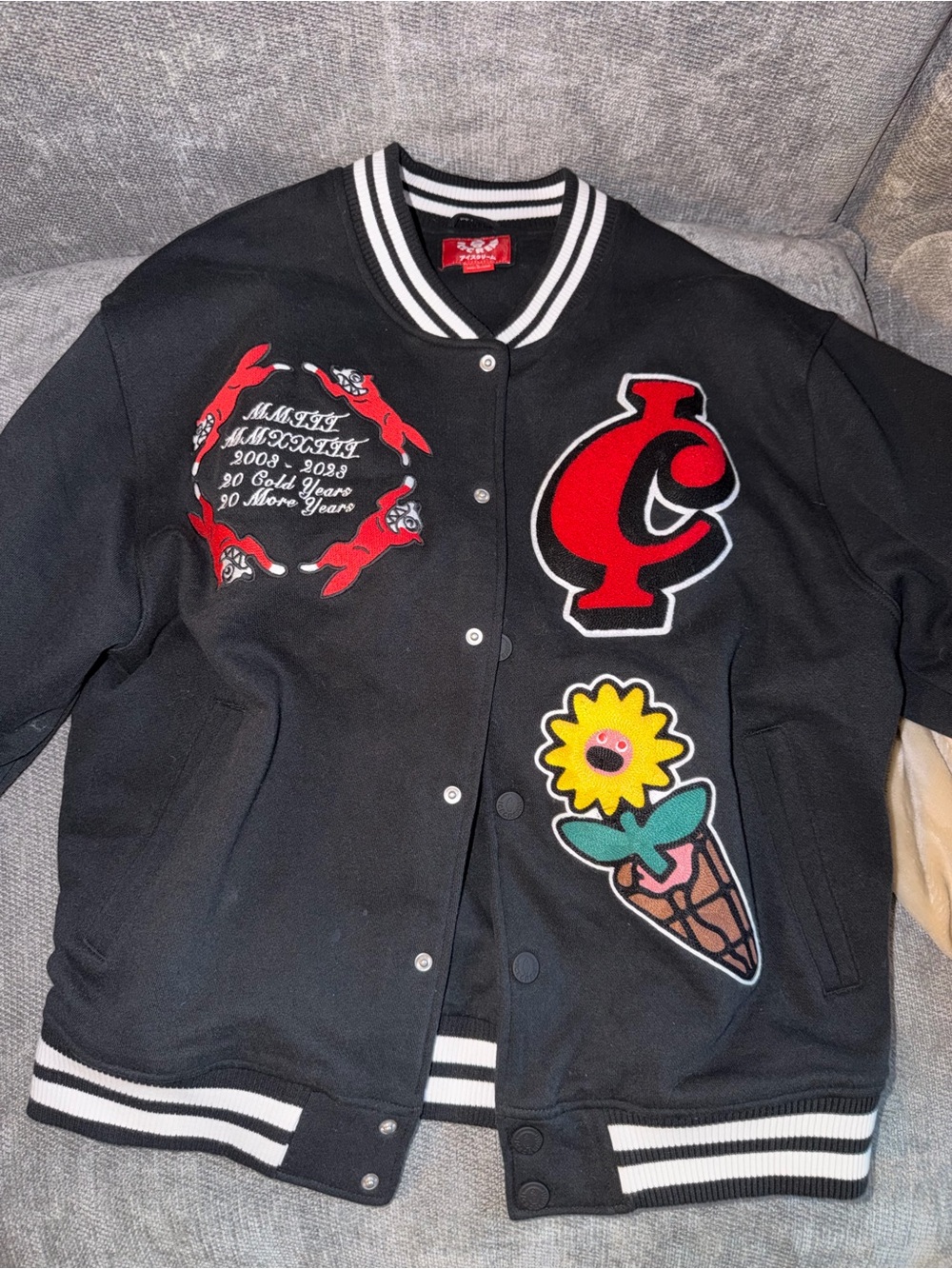Icecream Black Varsity Bomber Jacket with Red & Yellow Patch Accents